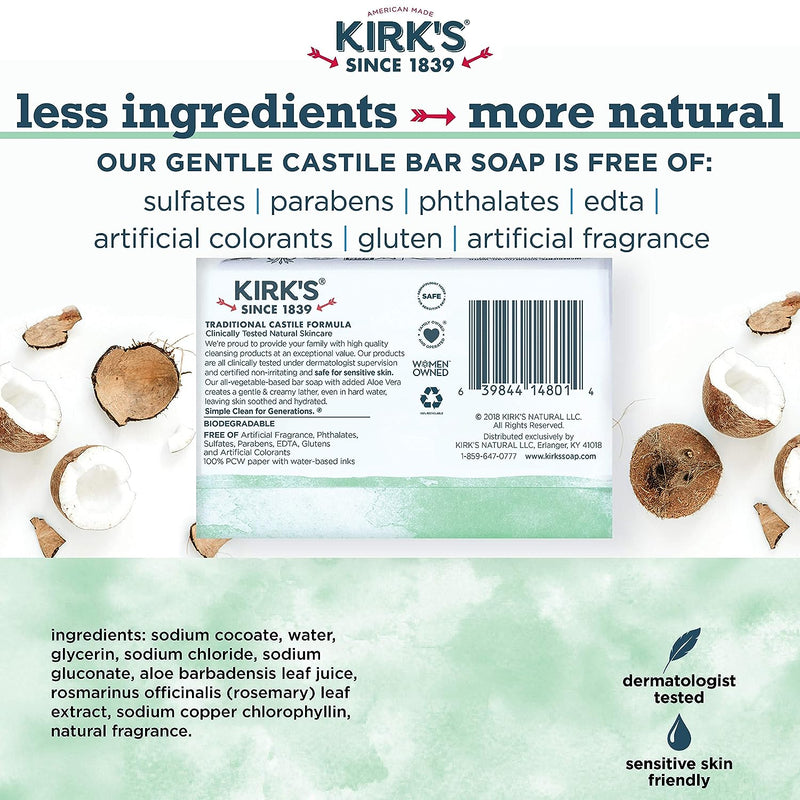 Kirk's Castile Bar Soap Clean Soap for Men, Women & Children | Premium Coconut Oil | Sensitive Skin Formula, Vegan | Soothing Aloe Vera | 4 oz.