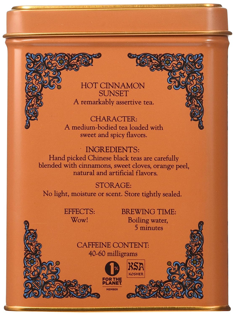 Harney & Sons Caffeinated Hot Cinnamon Sunset Black Tea with Orange and Cloves Tin, 20 Count, Pack of 3
