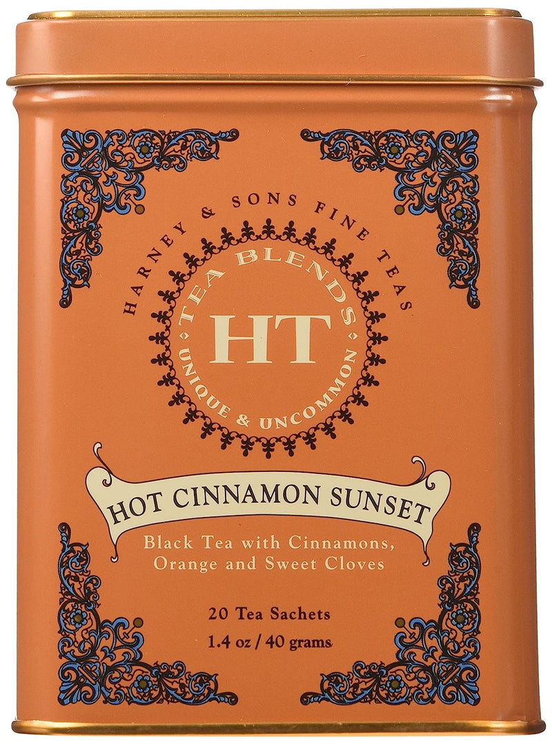 Harney & Sons Caffeinated Hot Cinnamon Sunset Black Tea with Orange and Cloves Tin, 20 Count, Pack of 3