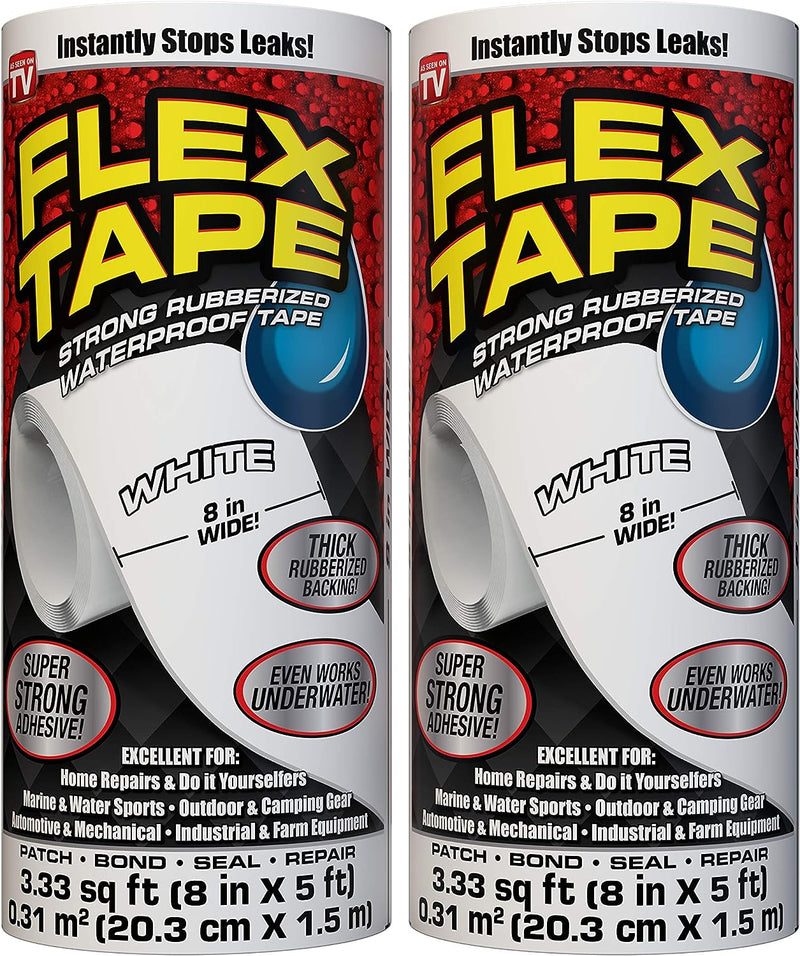 Flex Tape, 8 in x 5 ft, 2-Pack, White, Original Thick Flexible Rubberized Waterproof Tape - Seal and Patch Leaks, Works Underwater, Indoor Outdoor Projects - Home RV Roof Plumbing and Pool Repairs