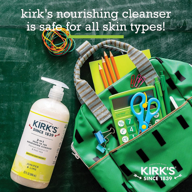 Kirk's 3-in-1 Castile Liquid Soap Head-to-Toe Clean Shampoo, Face Soap & Body Wash for Men, Women & Children | Coconut Oil + Aloe Vera | Juniper & Lime Scent | 32 Fl Oz.