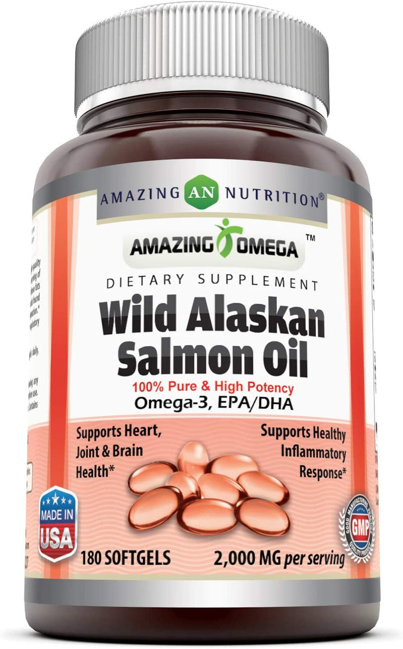 Amazing Omega Wild Alaskan Salmon Oil - 2000 mg of Salmon Oil Per Serving, 180 Softgels (Non-GMO) - Supports Heart, Joint & Brain Health and Promotes Healthy inflammatory Response (180 Softgels)