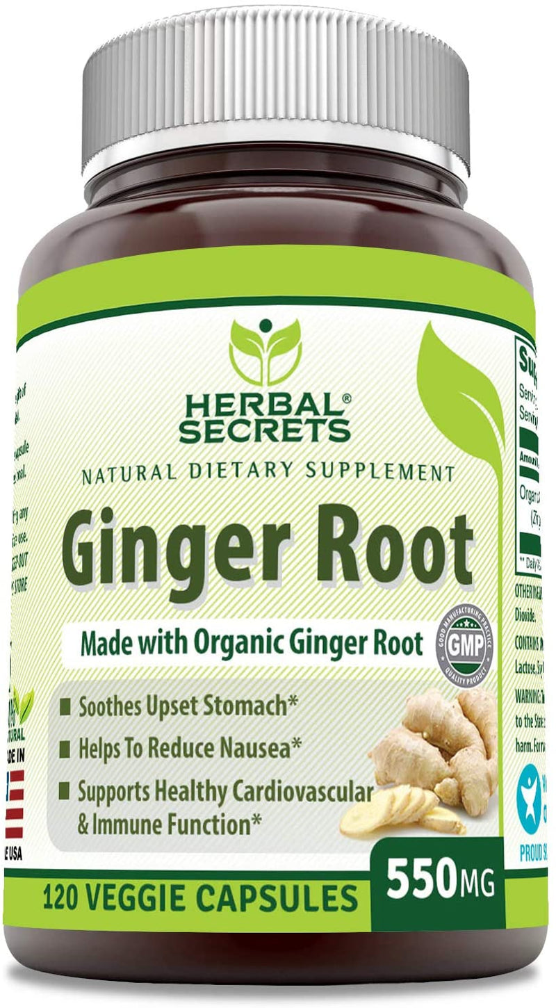 Herbal Secrets Ginger Root Supplement 550 Mg Capsules (Non-GMO) - Helps to Reduce Nausea, Supports Cardiovascular & Immune Function, Soothes Upset Stomach* (120 Veggie Capsules)