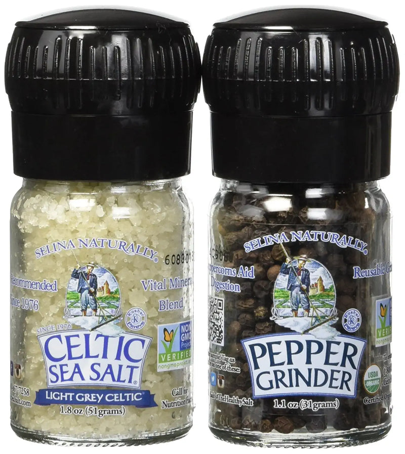 Celtic Sea Salt Organic Peppercorn and Light Grey Celtic Sea Salt Mini Grinders, 2.9 Ounces