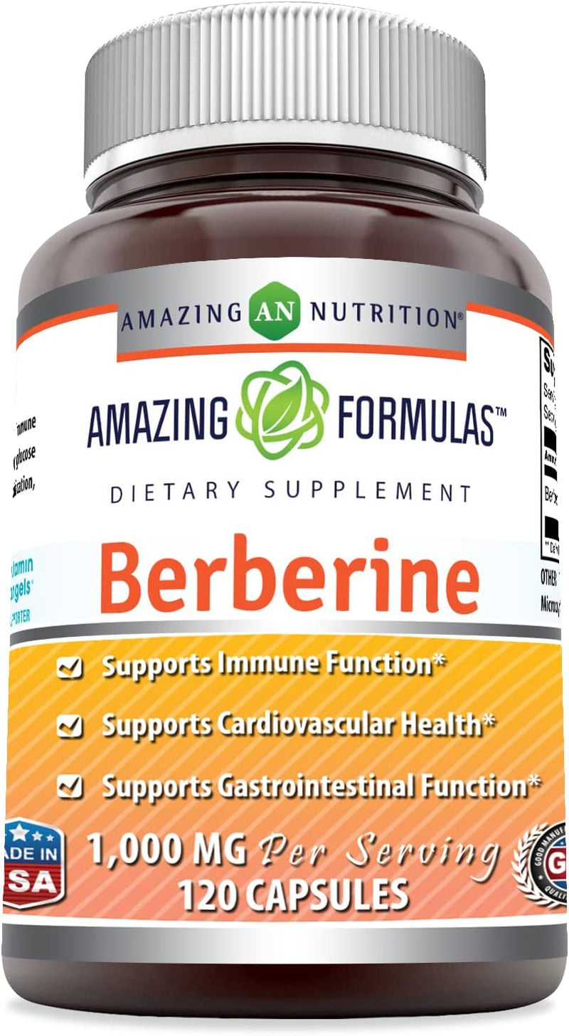 Amazing Formulas Berberine 500mg (1000mg Per Serving) Capsules - Supports Immune Function, Cardiovascular & Gastrointestinal Function (120 Count)