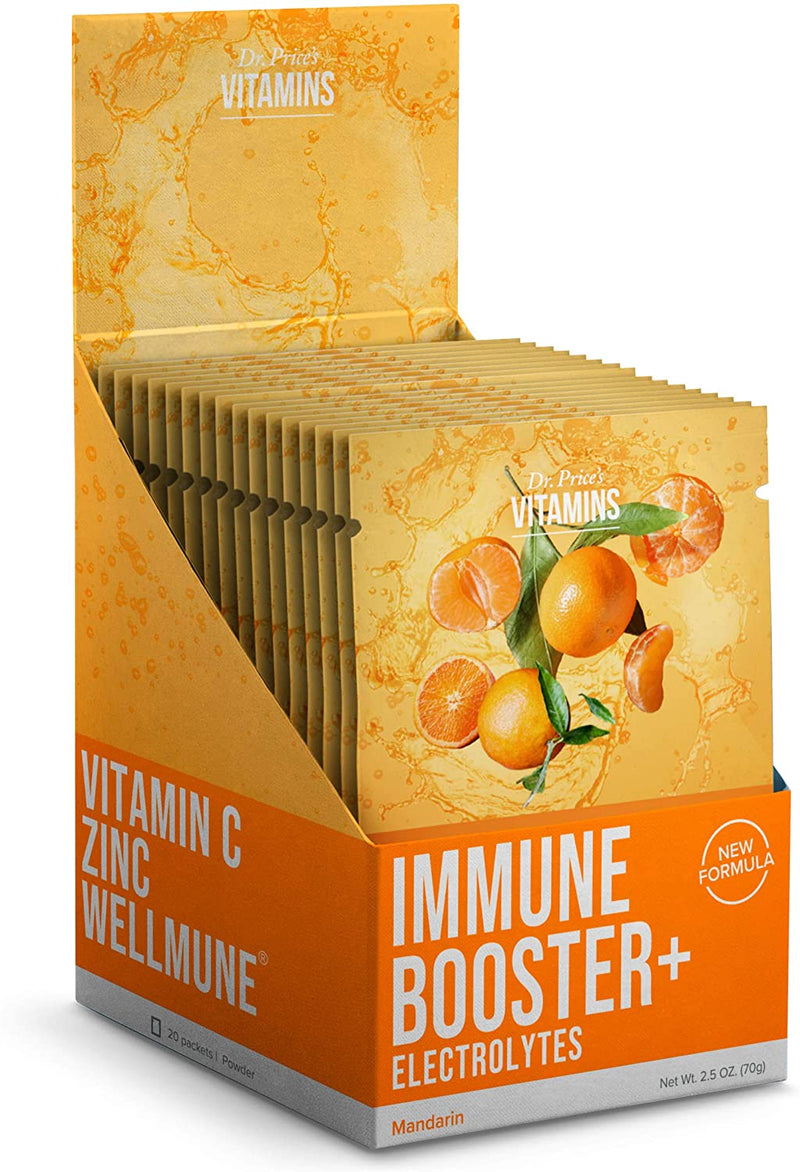 Immune Booster + Electrolytes Vitamin C Powder, Zinc, Chromium & Wellmune® | New! Mandarin Flavor (20 Packets) Drink Mix | Dr. Price's Vitamins | Non-GMO & No Sugar