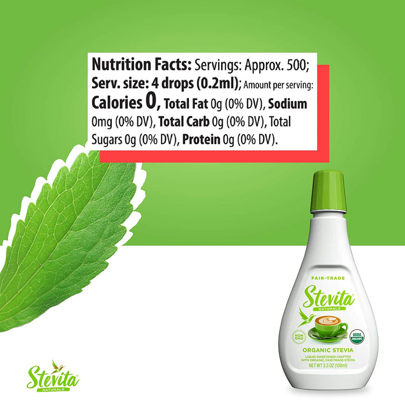 Stevita Organic Liquid Stevia - 3.3 oz, All-Natural Sweetener, Zero Calories - USDA Organic, Non-GMO, Vegan, Kosher, Keto, Paleo, Gluten Free - 1500 Total Servings
