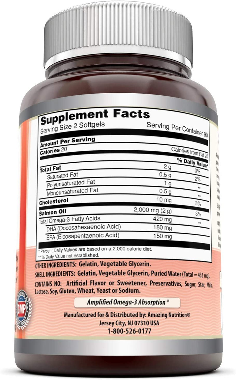 Amazing Omega Wild Alaskan Salmon Oil - 2000 mg of Salmon Oil Per Serving, 180 Softgels (Non-GMO) - Supports Heart, Joint & Brain Health and Promotes Healthy inflammatory Response (180 Softgels)