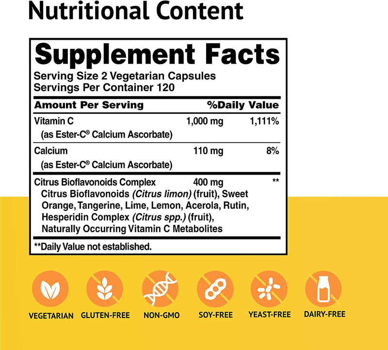 American Health EsterC with Bioflavonoids Vegetarian Capsules 24Hour Immune Support Gentle On Stomach NonAcidic Vitamin C NonGMO GlutenFree Vegan 500 mg 120 Servings, Citrus, 240 Count