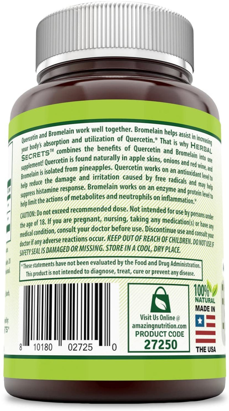Herbal Secrets Quercetin 800 Mg with Bromelain 165 Mg, 120 Veggie Capsules (Non-GMO) - Supports Cardiovascular & Immune Health * Supports Healthy inflammatory Response *
