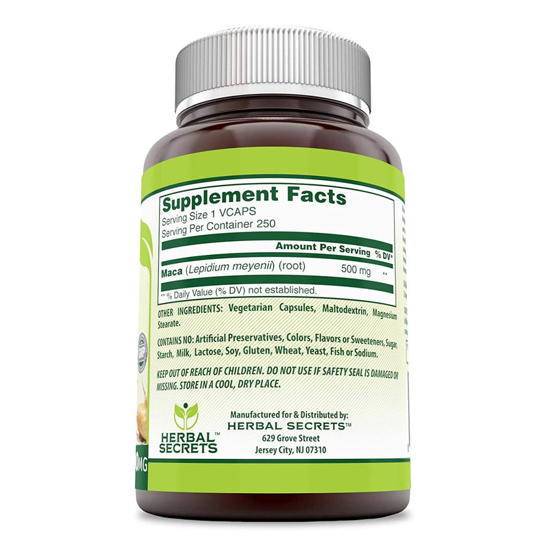 Herbal Secrets Maca 500 Mg 250 Veggie Capsules (Non-GMO) - Supports Reproductive Health, Mood, Hormonal Balance, Cardiovascular Health & Immune Health*