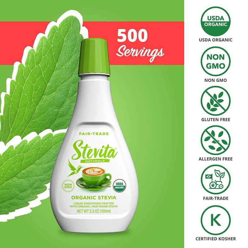 Stevita Organic Liquid Stevia - 3.3 oz, All-Natural Sweetener, Zero Calories - USDA Organic, Non-GMO, Vegan, Kosher, Keto, Paleo, Gluten Free - 1500 Total Servings