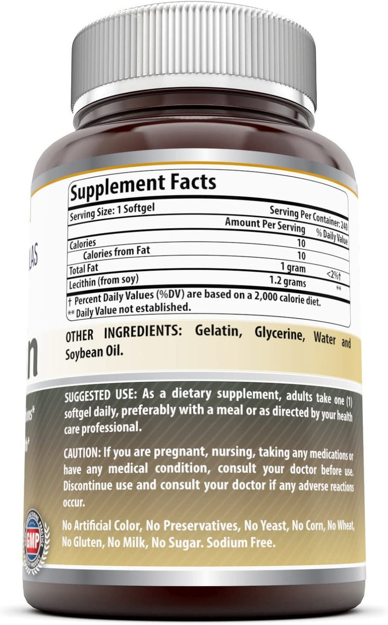 Amazing Formulas Lecithin Dietary Supplement * 1200 mg High Potency Lecithin Softgels (Non GMO,Gluten Free) -Promotes Brain & Cardiovascular Health * Aids in Cellular Activities * 240 Softgels