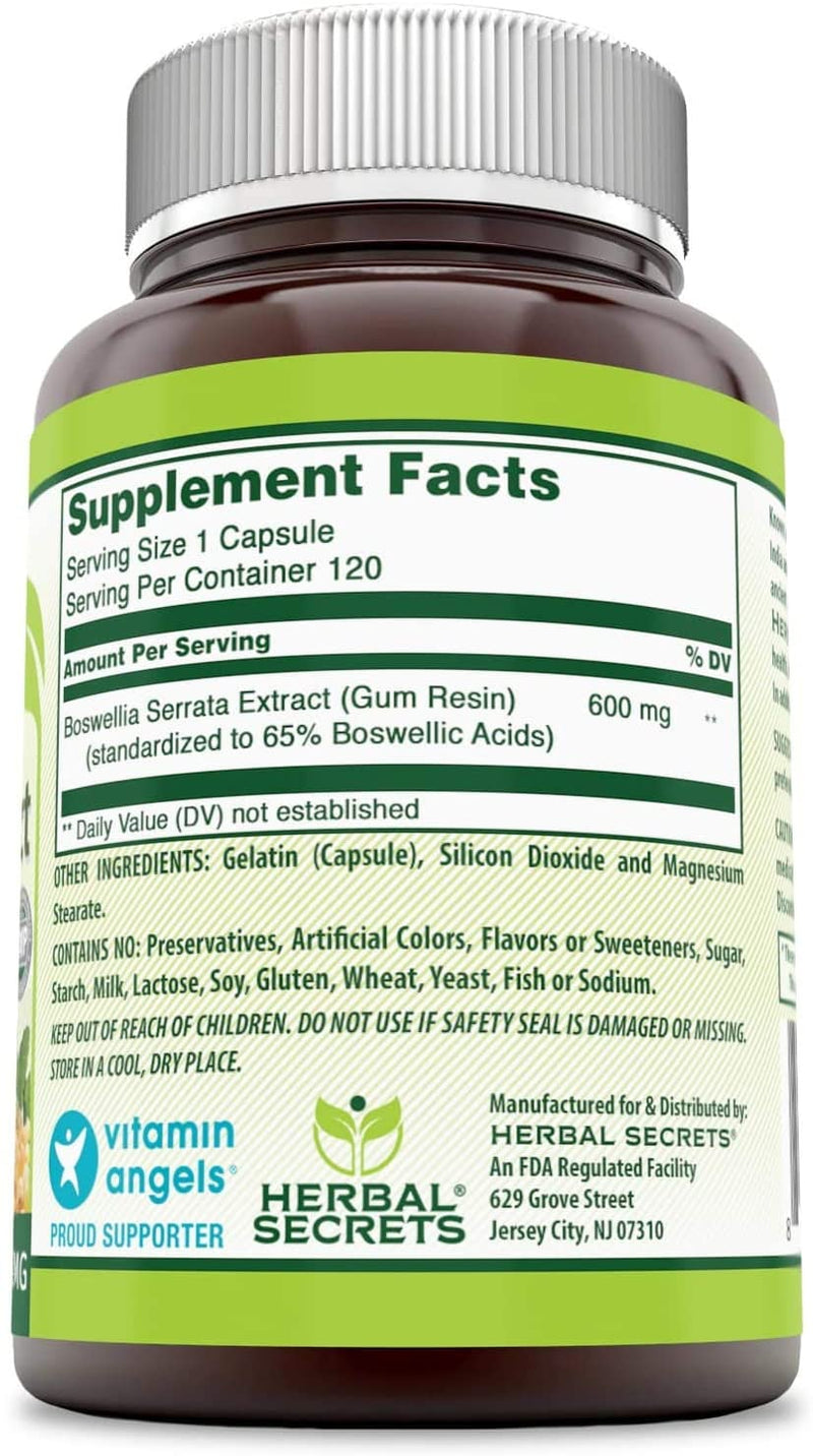 Herbal Secrets Boswellia Serrata Extract (65% Boswellic Acids) 600 mg 120 Capsules (Non-GMO) - Non Synthetic- Supports Muscle & Joint Health, Promotes Healthy Inflammation Response*