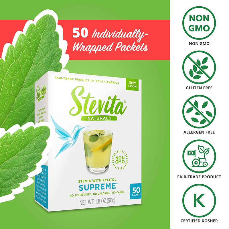 Stevia with Xylitol Supreme - 50 Packets - All-Natural Sweetener, No Calories - Non-GMO, Vegan, Kosher, Keto, Paleo, Gluten Free