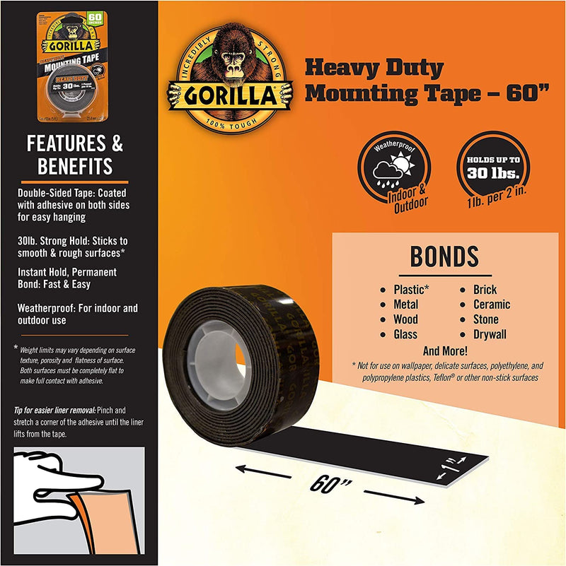 Gorilla - Heavy Duty Double Sided Mounting Tape, Weatherproof, 1" x 60", Black, (Pack of 1)