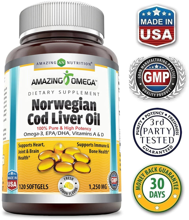 Amazing Omega Norwegian Cod Liver Oil 1250 mg 120 Softgels (Fresh Lemon Flavor)