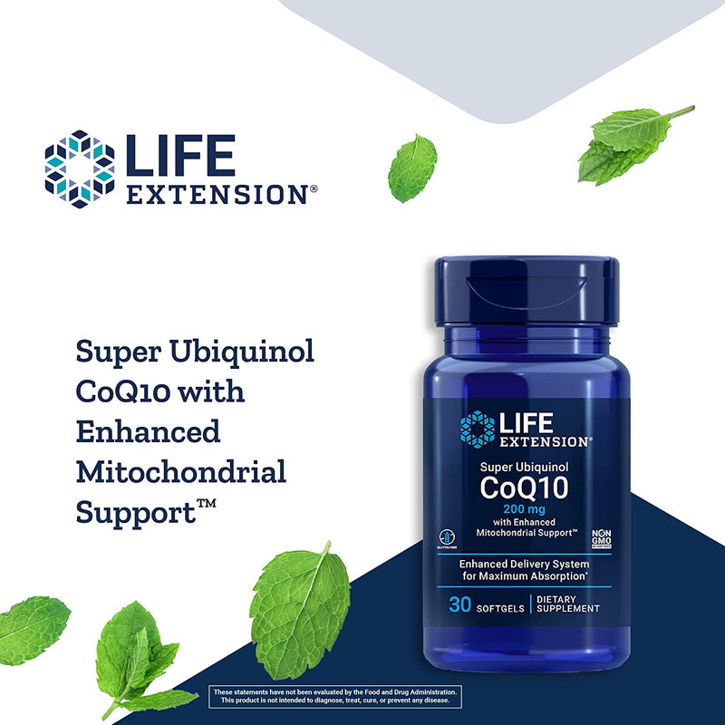 Super Ubiquinol CoQ10 200mg with Enhanced Mitochondrial Support – Ultra-Absorbable CoQ10 Supports Cell Energy, Heart & Brain Health – Gluten-Free, Non-GMO – 30 Softgels