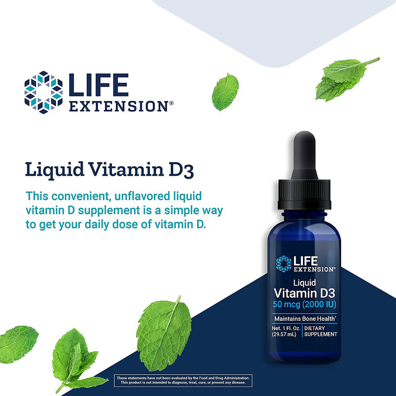 Life Extension Liquid Vitamin D3 50 mcg (2000 IU) Potent Drops with MCTs - Healthy Immune System Function, Bone Health, Cognitive Function & Heart Health Supplement - Non-GMO, Gluten Free - 1 fl. oz.