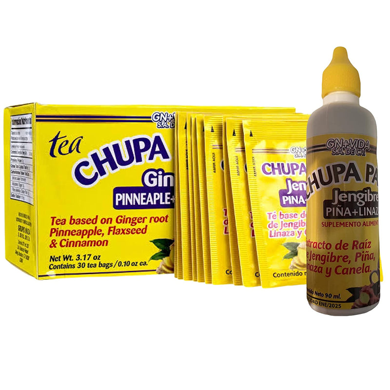 Tea CHUPA Grass & Panza + Drops Chupa Grasa Extract, Tea Based ONGINGER Root, PINNEAPPLE, Flaxseed & Cinnamon (30 Tea Bags/0.10 oz Each + 90ml Drops)