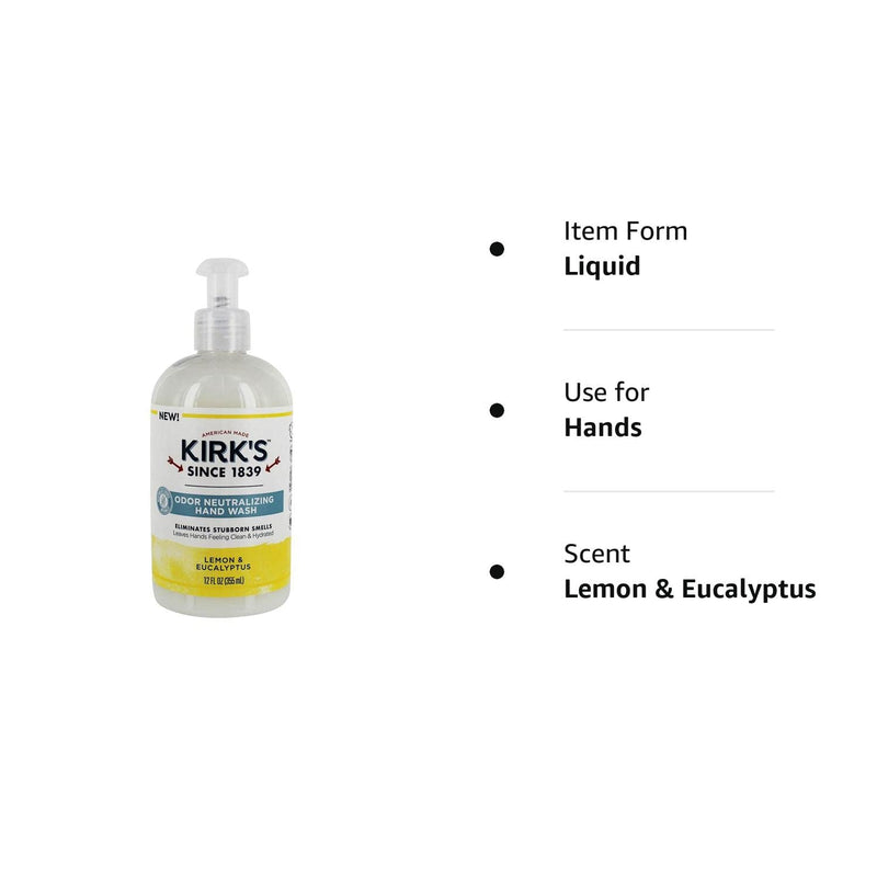Kirk's Odor-Neutralizing  Hand Wash | Lemon & Eucalyptus Scent | 12 Fl Oz. Bottle